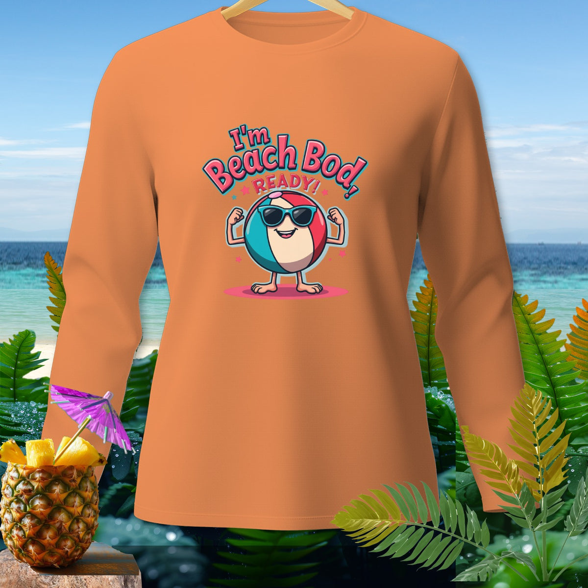 Orange long-sleeve shirt with "I'm Beach Bod Ready!" text and cartoon beach ball.