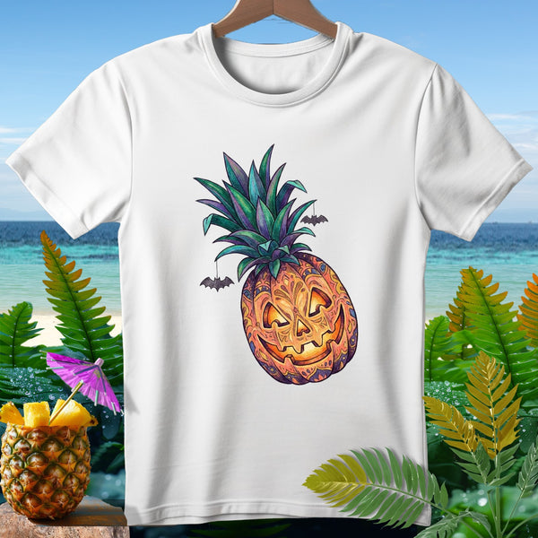 White t-shirt with jack-o'-lantern pineapple graphic and hanging bats.