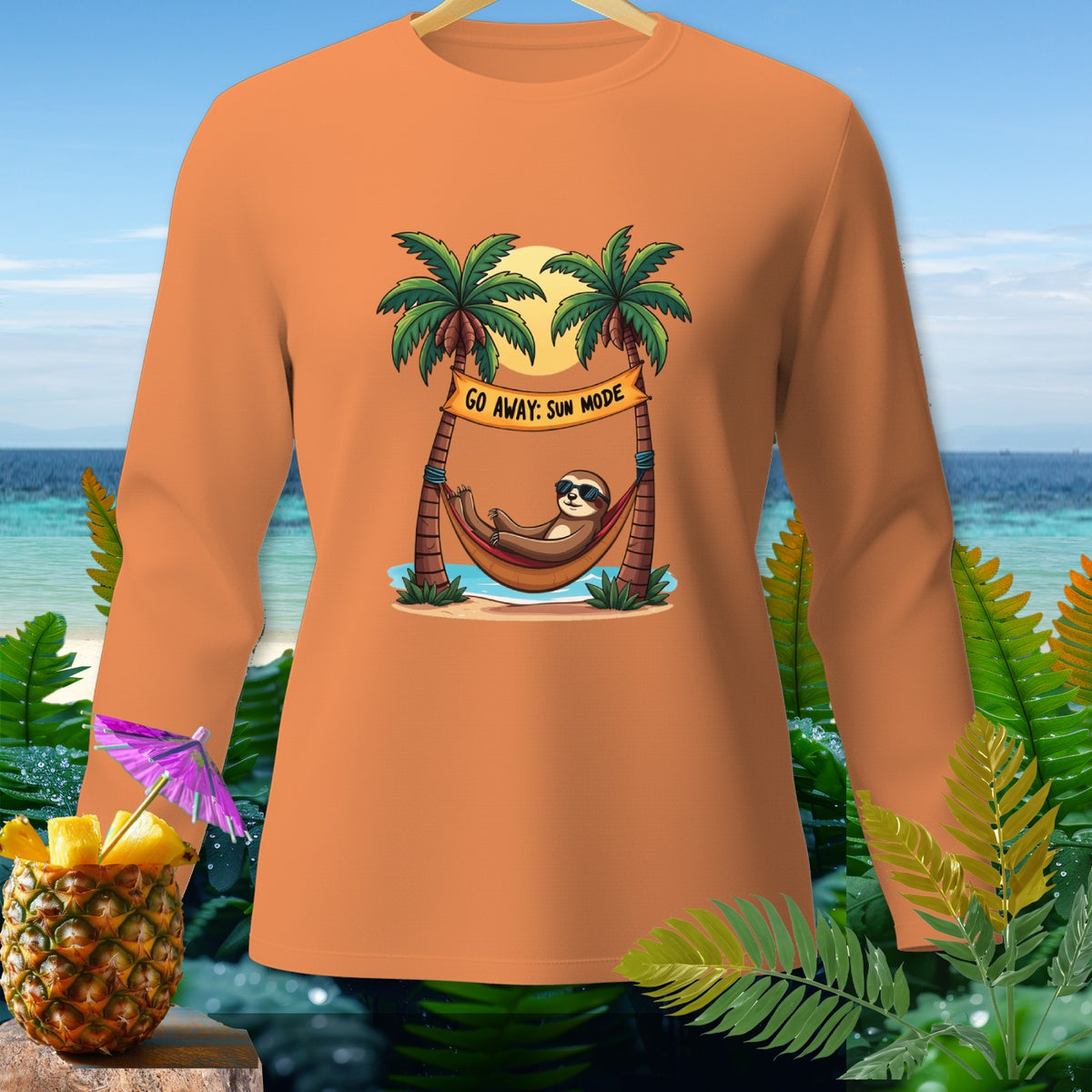 Orange long-sleeve shirt with sloth in hammock, palm trees, and "GO AWAY: SUN MODE" banner.