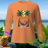 Orange long-sleeve shirt with sloth in hammock, palm trees, and 