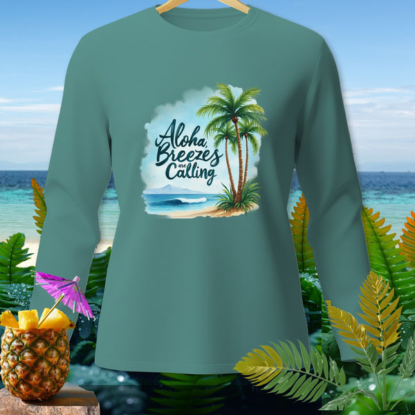 Teal long-sleeve shirt with "Aloha Breezes are Calling" and tropical beach graphic.