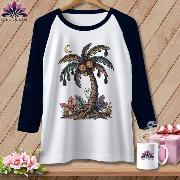 Raglan shirt with Halloween palm tree design, moon, bats, ghost, and pumpkins.