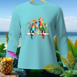 Light blue long sleeve shirt with two parrots holding cocktails and a pineapple.