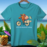 Hermit crab riding bicycle with surfboard and text 