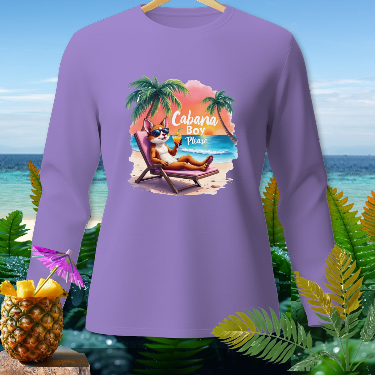 Purple long sleeve shirt with a cartoon dog relaxing on a beach with text "Cabana Boy Please."