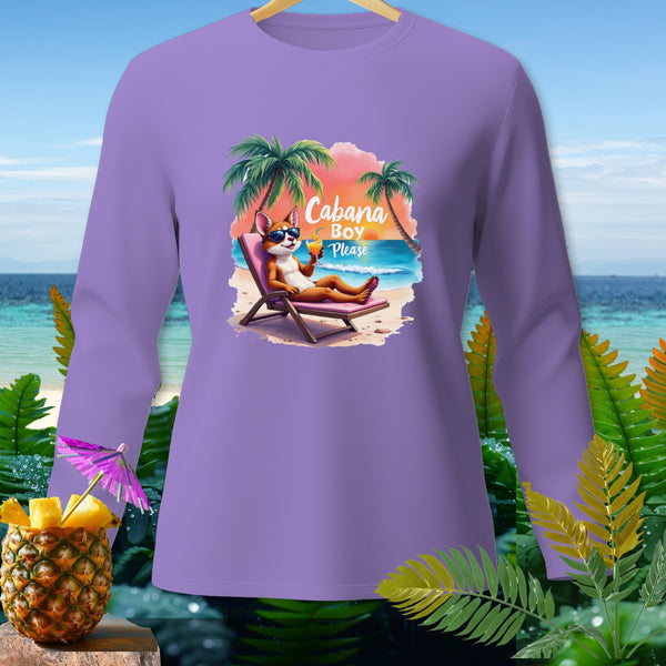 Purple long sleeve shirt with a cartoon dog relaxing on a beach with text "Cabana Boy Please."