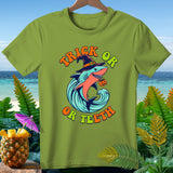 Green t-shirt with shark wearing witch hat and holding pumpkin, text 