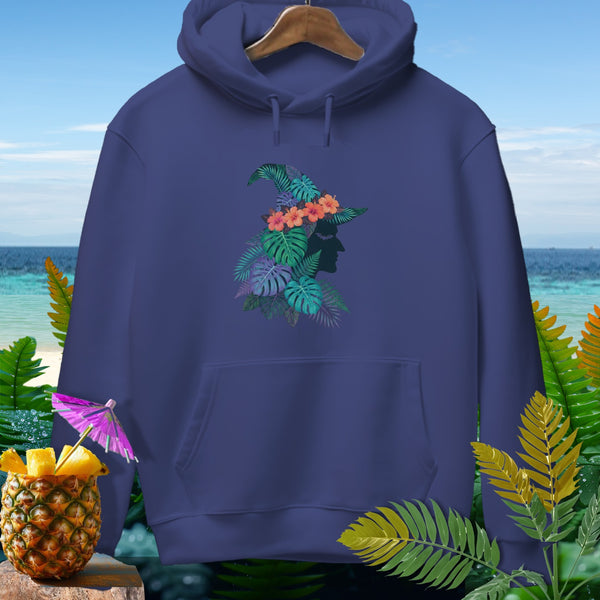Navy hoodie with a tropical witch hat graphic, pineapple, and beach background.