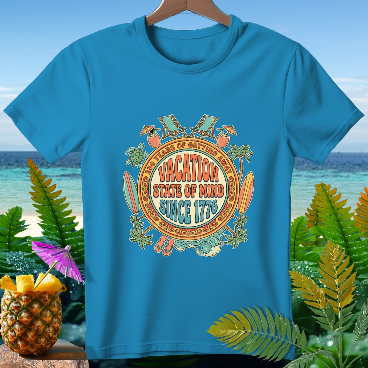 Blue t-shirt with "Vacation State of Mind Since 1776" circular graphic.