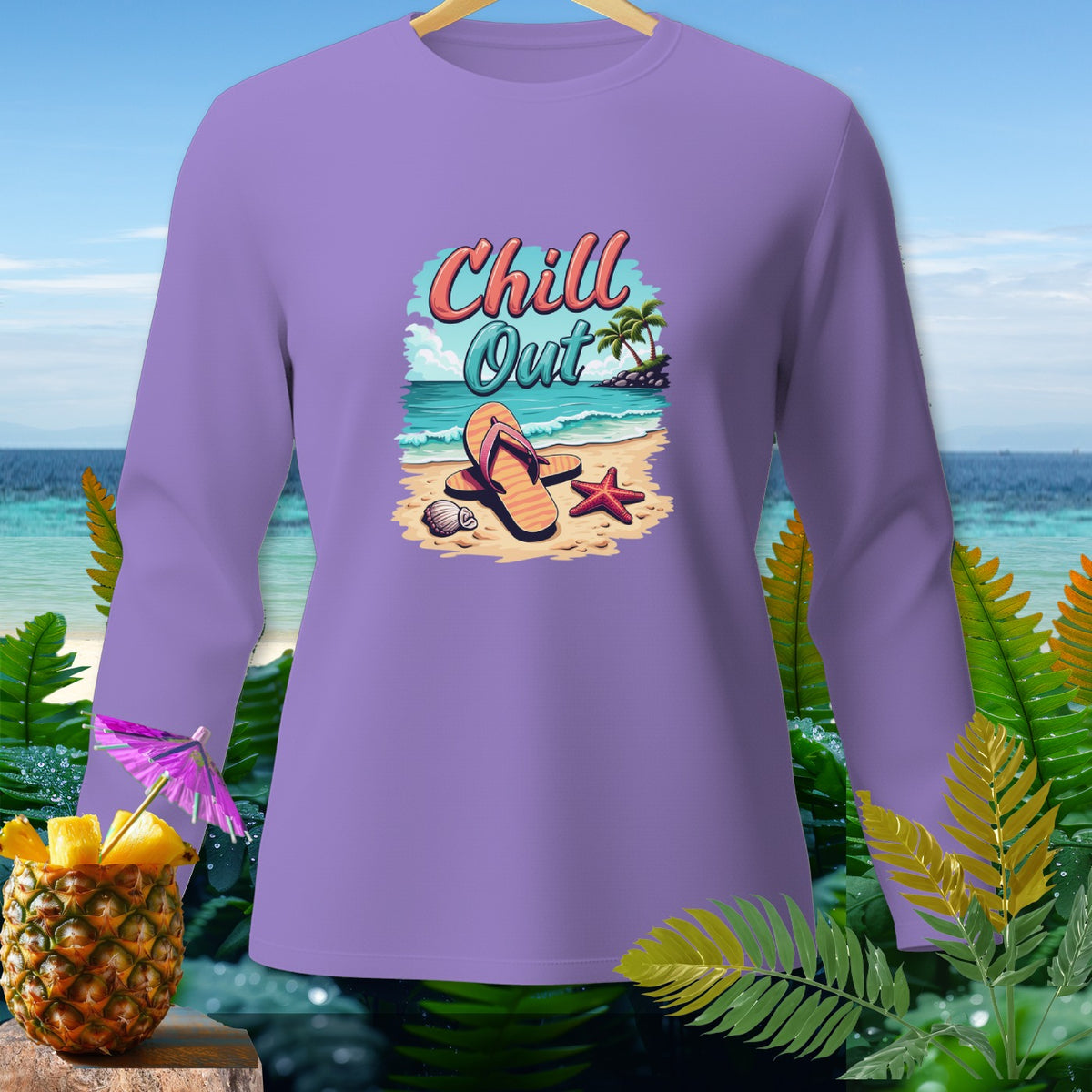 Purple long-sleeve shirt with "Chill Out" beach graphic and pineapple drink.