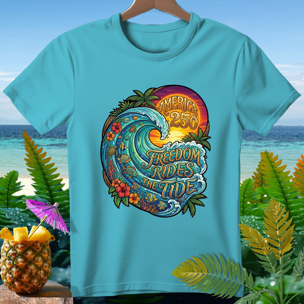 Turquoise t-shirt with a circular graphic featuring a wave, "America 250," and "Freedom Rides the Tide."