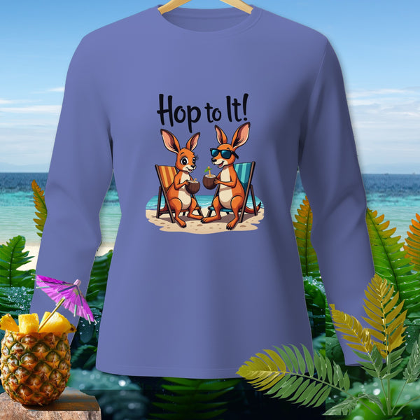 Long sleeve shirt with cartoon kangaroos relaxing on beach chairs with drinks, text "Hop to It!".