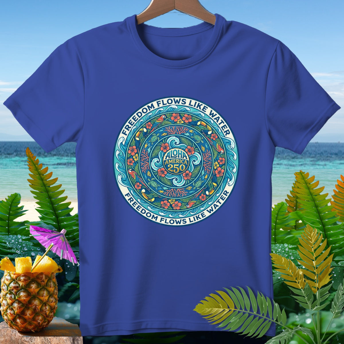 Blue t-shirt with a circular design featuring "ALOHA AMERICA 250" and "FREEDOM FLOWS LIKE WATER."