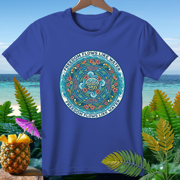 Blue t-shirt with a circular design featuring "ALOHA AMERICA 250" and "FREEDOM FLOWS LIKE WATER."