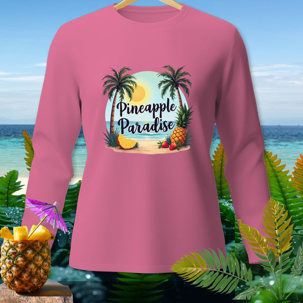 Pink long-sleeve shirt with "Pineapple Paradise" text and beach graphic.