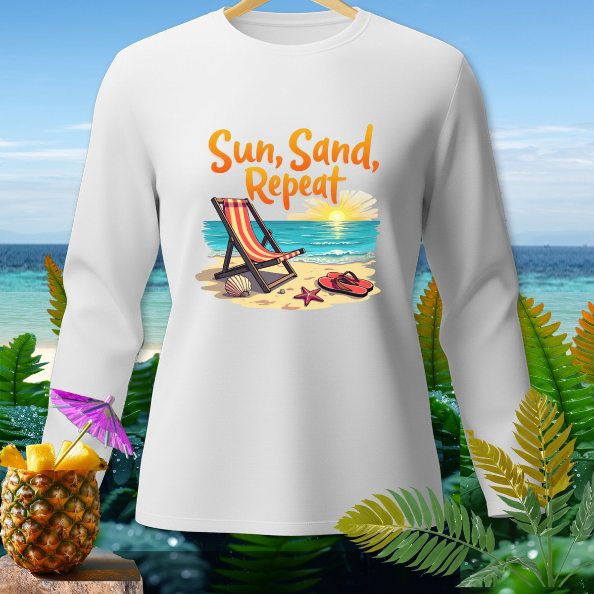 White long-sleeve shirt with "Sun, Sand, Repeat" text and beach graphic.