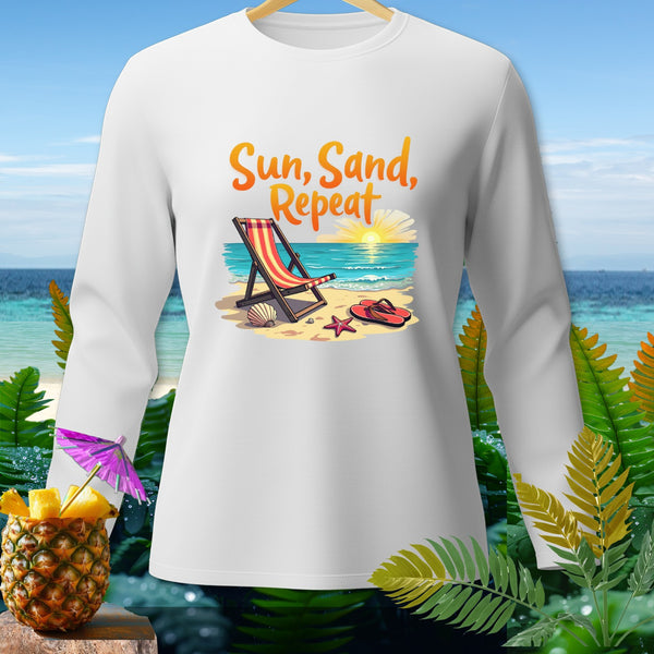 White long-sleeve shirt with "Sun, Sand, Repeat" text and beach graphic.