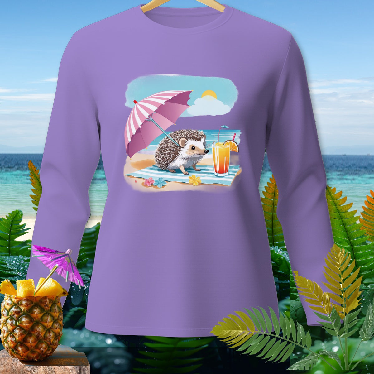 Hedgehog under an umbrella on a beach with a tropical drink.