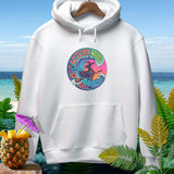 White hoodie with a circular graphic of a witch surfing a wave.