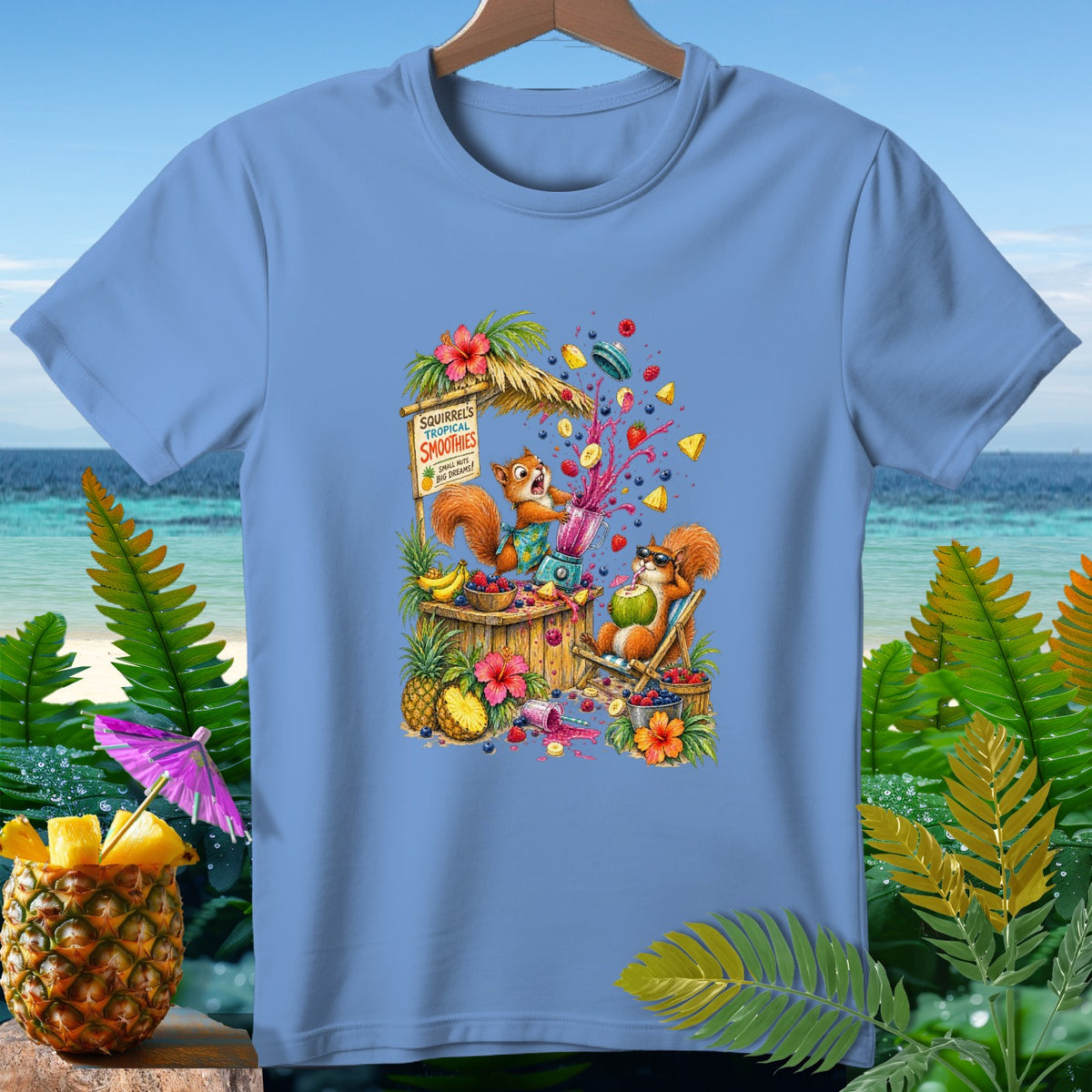 Two squirrels make tropical smoothies at a beach stand, with text "Squirrel's Tropical Smoothies."