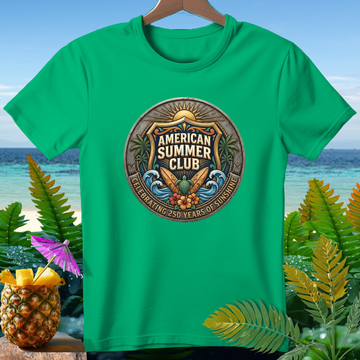 Green t-shirt with "American Summer Club" badgeCelebrating 250 years of sunshine.