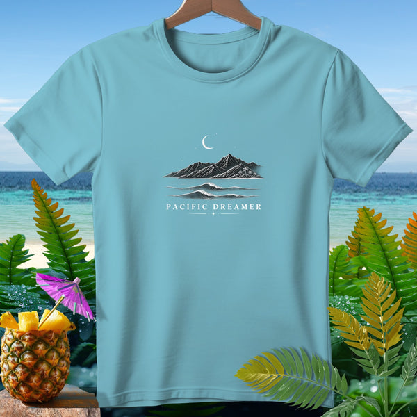 Light blue t-shirt with "PACIFIC DREAMER" text and a mountain, moon, and wave graphic.