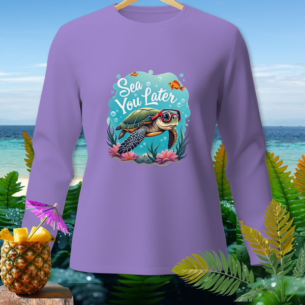 Purple long-sleeve shirt with a sea turtle graphic saying "Sea You Later".