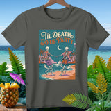 T-shirt graphic with skeletons dancing on a beach, text 
