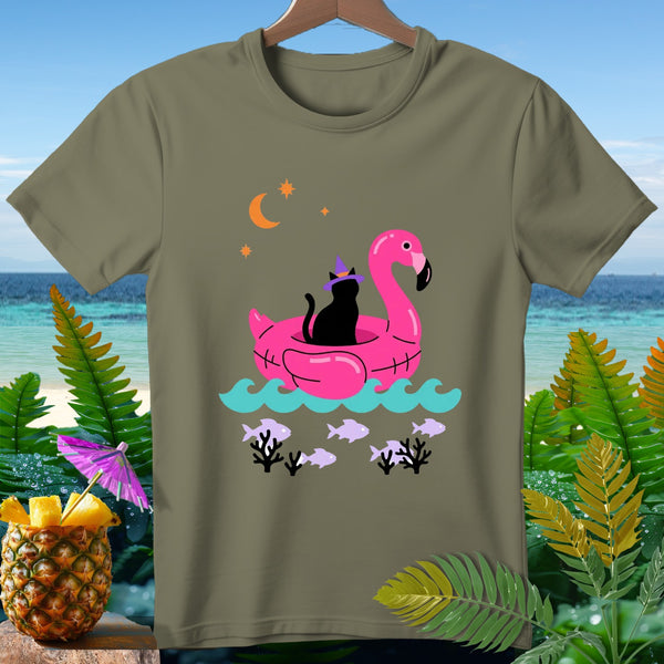 Black cat wearing witch hat on flamingo float with moon and fish.