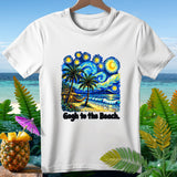 White t-shirt with a beach scene in Van Gogh style and text 