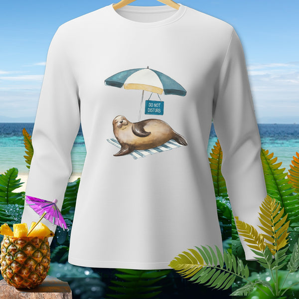 White long-sleeve shirt with a seal lounging under an umbrella, "Do Not Disturb" sign.