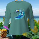 Teal long-sleeve shirt with a colorful dolphin jumping over a wave graphic.