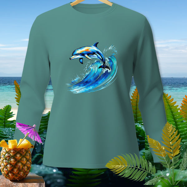 Teal long-sleeve shirt with a colorful dolphin jumping over a wave graphic.