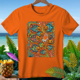 Orange t-shirt with a cartoon print of fish with jack-o'-lantern faces and a ghost.