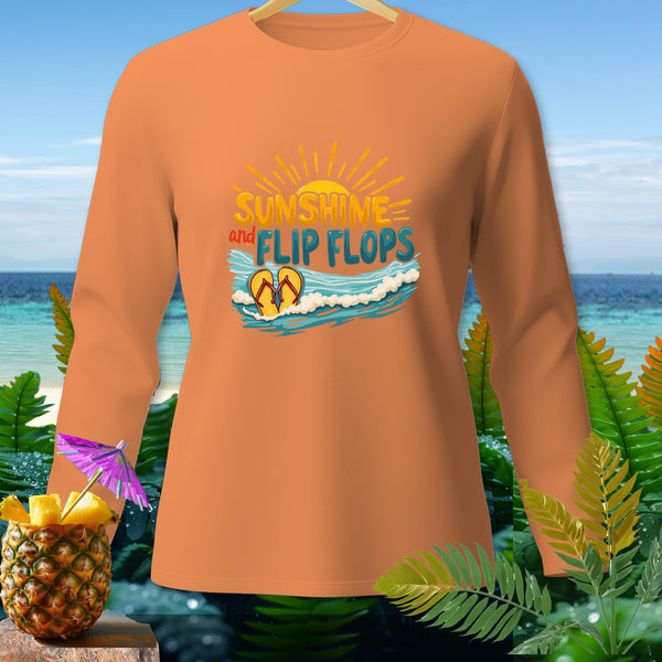 Orange long-sleeve shirt with "Sunshine and Flip Flops" text and beach graphic.