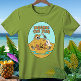 Green t-shirt with oval graphic: skeleton, ghost, pumpkin, 