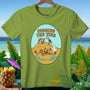 Green t-shirt with oval graphic: skeleton, ghost, pumpkin, "Digging the Vibe".