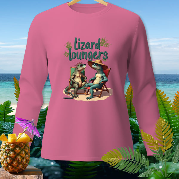 Pink long-sleeve shirt with "Lizard Loungers" text and two lizards relaxing.