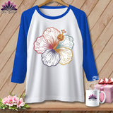 White baseball tee with colorful hibiscus and ghosts design, and 