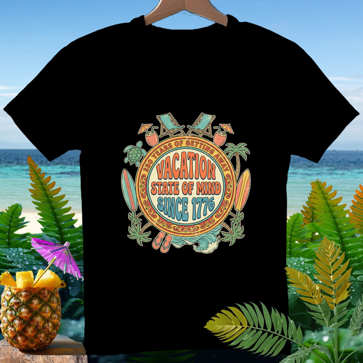 Black t-shirt with "Vacation State of Mind Since 1776" graphic.