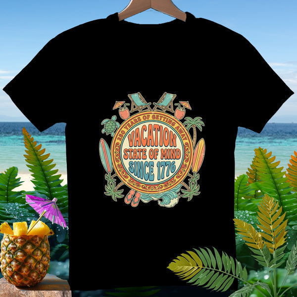 Black t-shirt with "Vacation State of Mind Since 1776" graphic.
