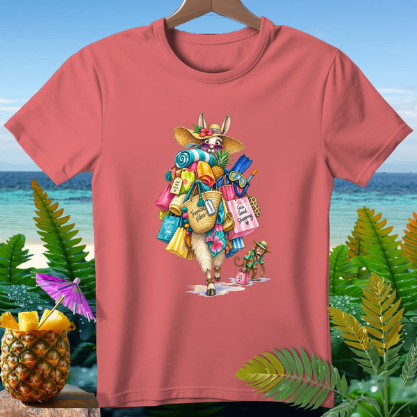 T-shirt graphic of a llama with shopping bags and a monkey, with tropical beach background.
