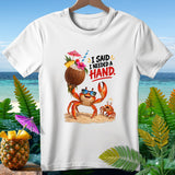 White t-shirt with graphic of two crabs and a coconut drink, text 