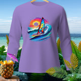 Long sleeve purple shirt with a parrot windsurfing during a colorful sunset.