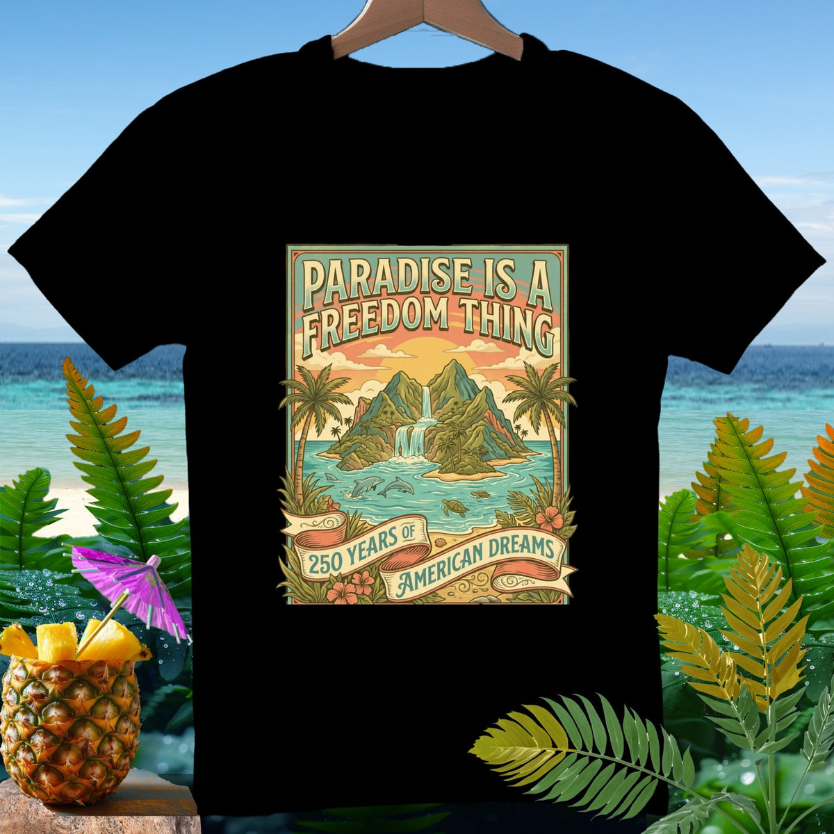 Black t-shirt with graphic: "Paradise is a freedom thing. 250 Years of American Dreams."