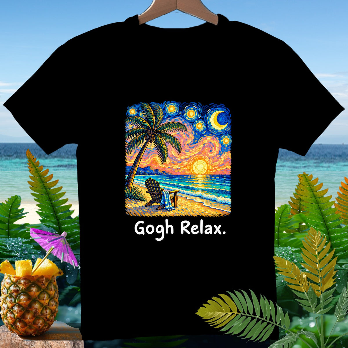 Black t-shirt with a beach scene in Van Gogh style and "Gogh Relax." text.