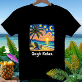 Black t-shirt with a beach scene in Van Gogh style and 