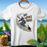 T-shirt with witch surfing on a broom, black cat, and 