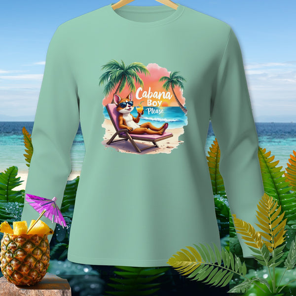 Mint long sleeve shirt with cartoon dog on beach saying "Cabana Boy Please".