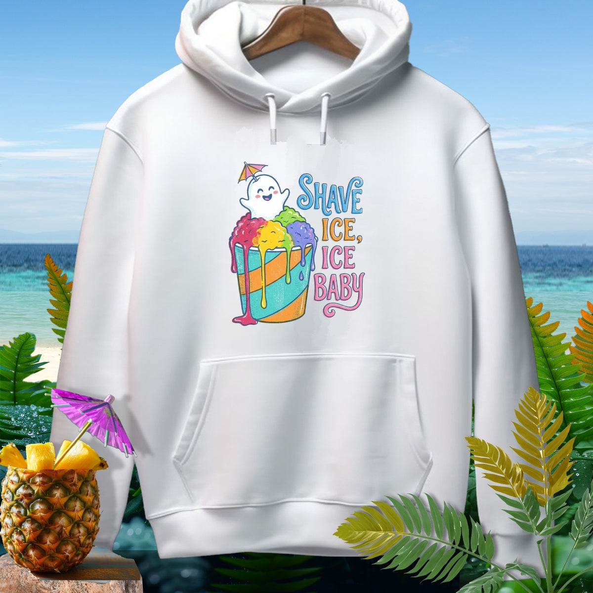 White hoodie with "Shave Ice, Ice Baby" text and a cartoon ghost in shaved ice.